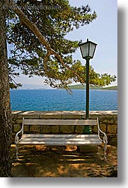 benches, croatia, europe, korcula, lamp posts, ocean, scenics, shade tree, vertical, photograph