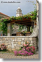 bell towers, croatia, europe, flowers, krka, terrace, vertical, photograph