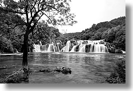 black and white, croatia, europe, horizontal, krka, slow exposure, waterfalls, photograph
