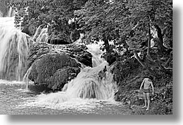 black and white, croatia, europe, horizontal, krka, men, viewing, waterfalls, photograph