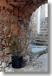 archways, croatia, europe, flowers, lubenice, narrow streets, streets, structures, vertical, photograph