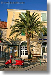 croatia, europe, milna, motorcycles, palm trees, red, scooter, vertical, photograph