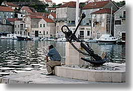 anchor, croatia, europe, horizontal, men, milna, people, sitting, water, photograph