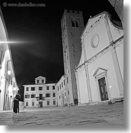 black and white, churches, couples, croatia, europe, glow, hugging, lights, motovun, nite, slow exposure, square format, photograph
