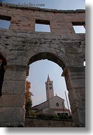 amphitheater, architectural ruins, archways, bell towers, buildings, churches, croatia, europe, pula, roman, structures, towers, vertical, photograph