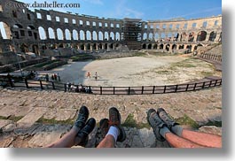 amphitheater, architectural ruins, archways, buildings, croatia, europe, horizontal, legs, pula, roman, structures, photograph