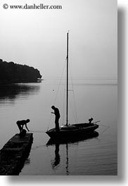 black and white, boats, croatia, dock, europe, people, punta kriza, silhouettes, vertical, photograph