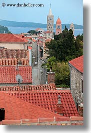 bell towers, buildings, churches, croatia, europe, rab, religious, rooftops, structures, towers, vertical, photograph