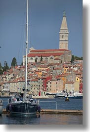 bell towers, boats, buildings, croatia, europe, ravinj, rovinj, structures, towers, towns, transportation, vertical, photograph