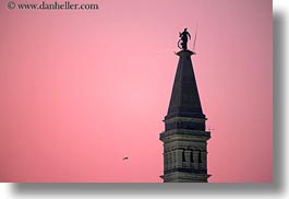 bell towers, buildings, croatia, dusk, europe, horizontal, nature, pink, rovinj, sky, structures, sun, sunsets, towers, photograph