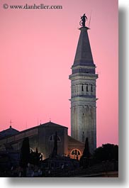 bell towers, buildings, croatia, dusk, europe, nature, pink, rovinj, sky, structures, sun, sunsets, towers, vertical, photograph