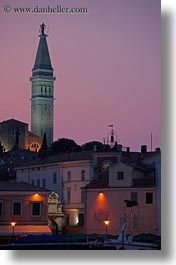 bell towers, buildings, croatia, dusk, europe, nature, rovinj, sky, structures, sun, sunsets, towers, vertical, photograph