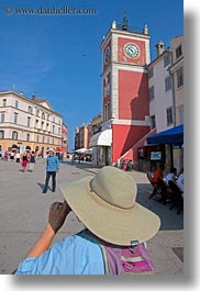buildings, clock tower, colorful, colors, croatia, europe, hats, rovinj, vertical, photograph