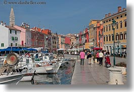 bell towers, boats, buildings, croatia, europe, harbor, horizontal, rovinj, structures, towers, towns, transportation, photograph
