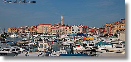 bell towers, boats, buildings, croatia, europe, harbor, horizontal, panoramic, rovinj, structures, towers, towns, transportation, photograph