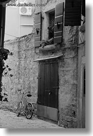 bicycles, black and white, croatia, doors, europe, narrow streets, rovinj, streets, vertical, photograph