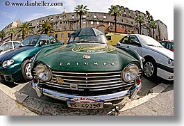 cars, classic car, croatia, europe, fisheye lens, green, horizontal, old, split, triumph, umbrellas, photograph