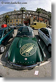 cars, classic car, croatia, europe, fisheye lens, green, old, split, triumph, umbrellas, vertical, photograph