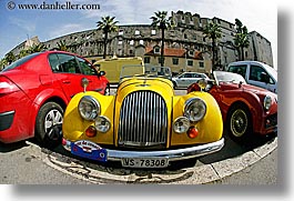 cars, classic car, croatia, europe, fisheye lens, horizontal, morgan, old, split, yellow, photograph