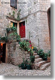 buildings, croatia, europe, plants, stairs, trogir, vertical, photograph