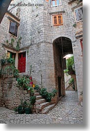 archways, buildings, croatia, europe, plants, stairs, structures, trogir, vertical, photograph
