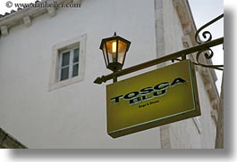 croatia, europe, horizontal, lamp posts, miscellaneous, perspective, signs, stores, tosca blu, trogir, upview, photograph