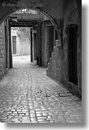 archways, black and white, cobble stones, croatia, europe, narrow streets, stairs, streets, trogir, vertical, photograph
