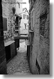 archways, black and white, cobble stones, croatia, europe, narrow streets, stairs, streets, trogir, vertical, photograph