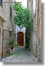 croatia, doors, europe, gates, irons, narrow streets, streets, trees, trogir, vertical, photograph