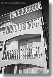 balconies, black and white, croatia, europe, ugljan, vertical, white, photograph
