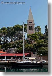 bell towers, boats, buildings, churches, croatia, europe, religious, structures, transportation, veli losinj, vertical, photograph
