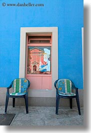 blues, chairs, colorful, colors, croatia, europe, veli losinj, vertical, walls, windows, photograph