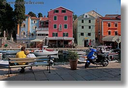 benches, colorful, colors, couples, croatia, europe, harbor, horizontal, veli losinj, photograph