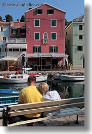 benches, colorful, colors, couples, croatia, europe, harbor, veli losinj, vertical, photograph