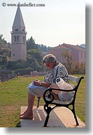 bell towers, benches, croatia, europe, people, senior citizen, veli losinj, vertical, womens, photograph