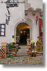 cesky krumlov, czech republic, europe, flowers, shops, vertical, photograph