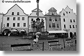 black and white, cesky krumlov, czech republic, europe, horizontal, run, squares, umbrellas, photograph