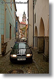 alleys, cars, cesky krumlov, czech republic, europe, streets, vertical, photograph