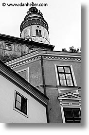 black and white, cesky krumlov, czech republic, europe, krumlov, towers, vertical, photograph