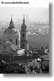 basilica, black and white, buildings, christian, churches, czech republic, europe, malostranske namesti, prague, st nicolas church, vertical, views, photograph