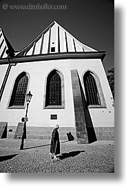 black and white, buildings, churches, czech republic, europe, old, prague, vertical, womens, photograph