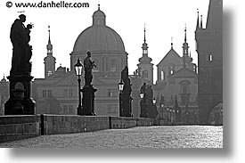 black and white, bridge, charles, charles bridge, czech republic, europe, horizontal, morning, prague, photograph