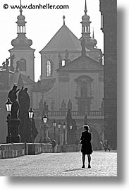black and white, bridge, charles, charles bridge, czech republic, europe, ped, prague, vertical, photograph