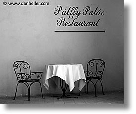 black and white, czech republic, europe, horizontal, palac, palffy, prague, restaurants, photograph