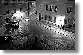 black and white, corner, czech republic, europe, horizontal, long exposure, nite, prague, streets, photograph