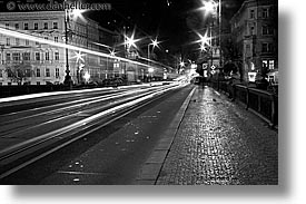 black and white, czech republic, europe, horizontal, long exposure, nite, prague, streets, traffic, photograph