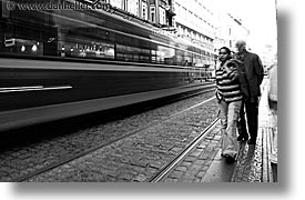 black and white, bus, czech republic, europe, horizontal, long exposure, prague, speeding, streets, photograph