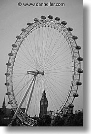 bens, big, black and white, cities, england, english, europe, ferris, ferris wheel, london, united kingdom, vertical, wheels, photograph