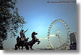 cities, england, english, europe, ferris, ferris wheel, horizontal, london, statues, united kingdom, wheels, photograph