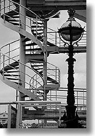 black and white, cities, england, english, europe, ferris wheel, lamps, london, spiral, stairs, united kingdom, vertical, photograph